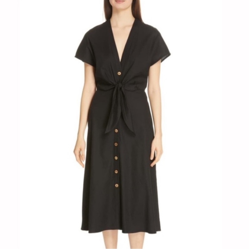 Veronica Beard Giana Black Tie Waist Button Midi Linen Dress W2092 Sz 0 - Picture 2 of 10